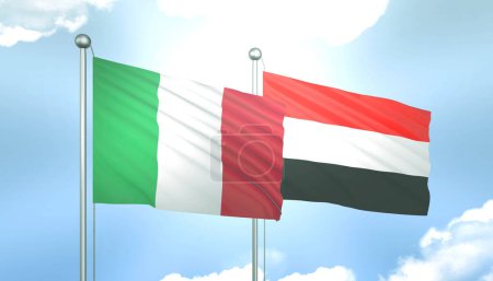 3D-Flagge von Italien und Jemen auf blauem Himmel mit Sonnenschein