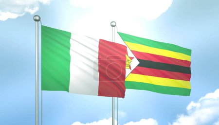 3D Flag of Italy and Zimbabwe on Blue Sky with Sun Shine