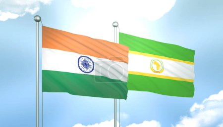 3D Flag of India and African Union on Blue Sky with Sun Shine