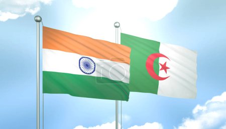 3D-Flagge von Indien und Algerien auf blauem Himmel mit Sonnenschein