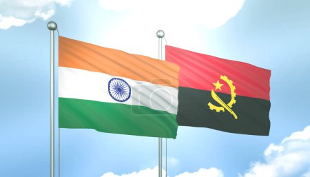 3D Flag of India and Angola on Blue Sky with Sun Shine