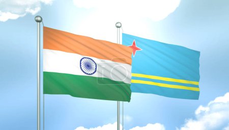 3D Flag of India and Aruba on Blue Sky with Sun Shine