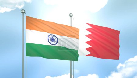 3D Flag of India and Bahrain on Blue Sky with Sun Shine