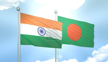 3D Flag of India and Bangladesh on Blue Sky with Sun Shine