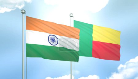 3D Flag of India and Benin on Blue Sky with Sun Shine