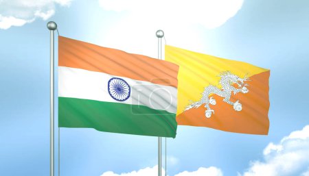 3D-Flagge von Indien und Bhutan am blauen Himmel mit Sonnenschein