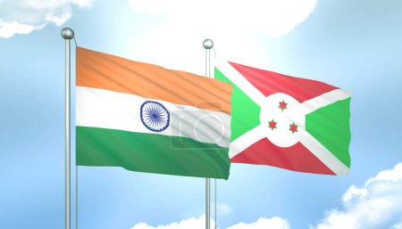 3D Flag of India and Burundi on Blue Sky with Sun Shine