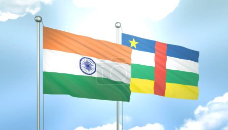 3D Flag of India and Central African on Blue Sky with Sun Shine