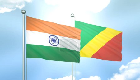 3D Flag of India and Congo republic on Blue Sky with Sun Shine