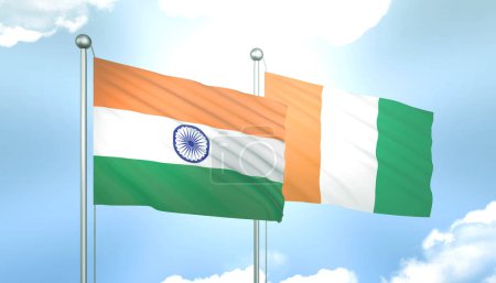 3D Flag of India and Cote Divoire on Blue Sky with Sun Shine