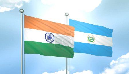 3D Flag of India and El Salvador on Blue Sky with Sun Shine