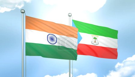 3D-Flagge von Indien und Äquatorialguinea am blauen Himmel mit Sonnenschein