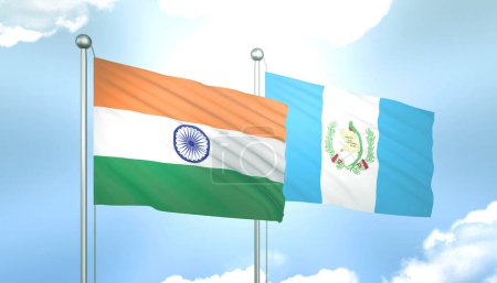 3D-Flagge von Indien und Guatemala auf blauem Himmel mit Sonnenschein