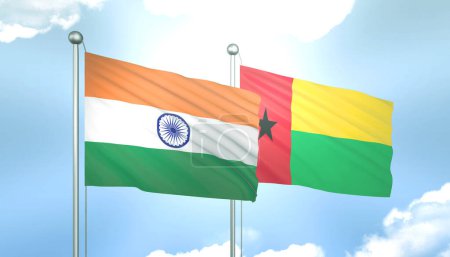 3D Flag of India and Guinea Bissau on Blue Sky with Sun Shine