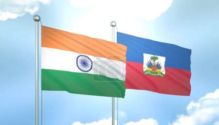 3D Flag of India and Haiti on Blue Sky with Sun Shine