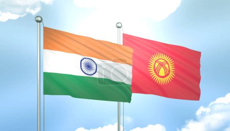 3D Flag of India and Kyrgyzstan on Blue Sky with Sun Shine