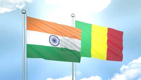 3D Flag of India and Mali on Blue Sky with Sun Shine