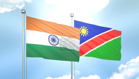 3D-Flagge von Indien und Namibia am blauen Himmel mit Sonnenschein