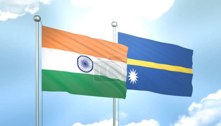 Bandera 3D de la India y Nauru en Cielo Azul con Sol Brillante