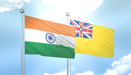 3D Flag of India and Niue on Blue Sky with Sun Shine