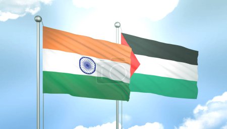 3D Flag of India and Palestine on Blue Sky with Sun Shine
