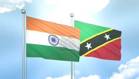 3D Flag of India and Saint Kitts and Nevis on Blue Sky with Sun Shine