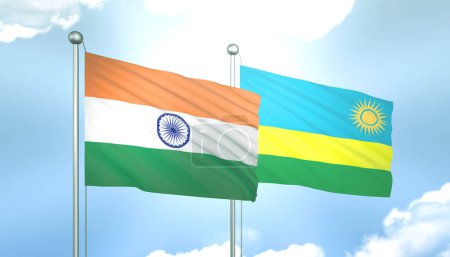 3D Flag of India and Rwanda on Blue Sky with Sun Shine
