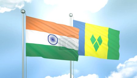 3D Flag of India and Saint Vincent on Blue Sky with Sun Shine