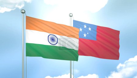 3D Flag of India and Samoa on Blue Sky with Sun Shine