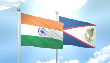 Drapeau 3D de l'Inde et Samao sur ciel bleu avec soleil brillant