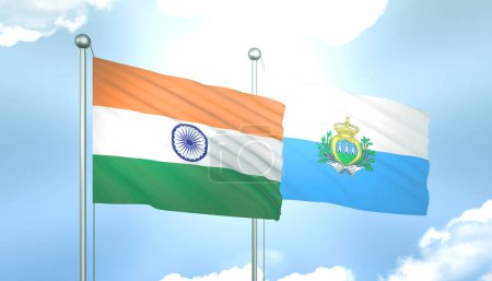 Téléchargez les photos : Drapeau 3D de l'Inde et Saint-Marin sur ciel bleu avec soleil brillant - en image libre de droit