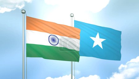 3D-Flagge von Indien und Somalia am blauen Himmel mit Sonnenschein