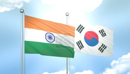 Bandera 3D de India y Corea del Sur en el Cielo Azul con Sol Brillante