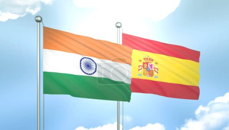 3D-Flagge von Indien und Spanien auf blauem Himmel mit Sonnenschein