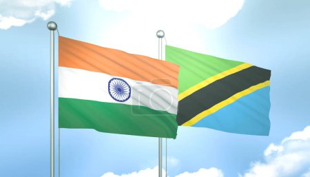3D Flag of India and Tanzania on Blue Sky with Sun Shine