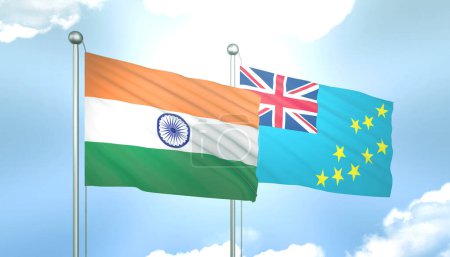 3D Flag of India and Tuvalu on Blue Sky with Sun Shine