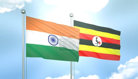 3D Flag of India and Uganda on Blue Sky with Sun Shine