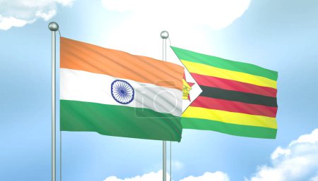 3D Flag of India and Zimbabwe on Blue Sky with Sun Shine