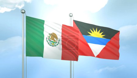 3D Flagge von Mexiko und Antigua Barbuda auf blauem Himmel mit Sonnenschein