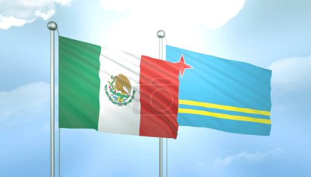 3D Flag of Mexico and Aruba on Blue Sky with Sun Shine