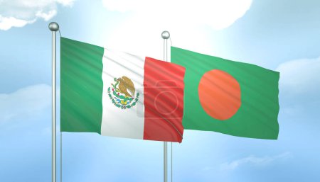 3D Flag of Mexico and Bangladesh on Blue Sky with Sun Shine