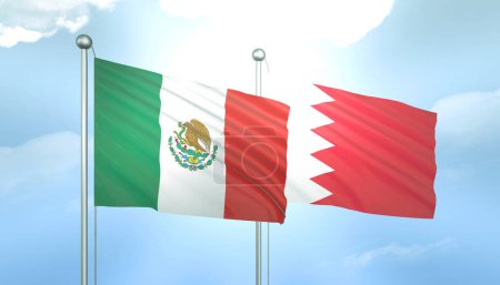 3D Flag of Mexico and Bahrain on Blue Sky with Sun Shine