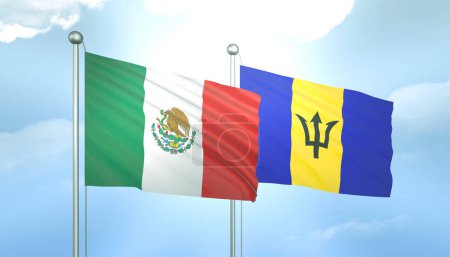 3D Flag of Mexico and Barbados on Blue Sky with Sun Shine
