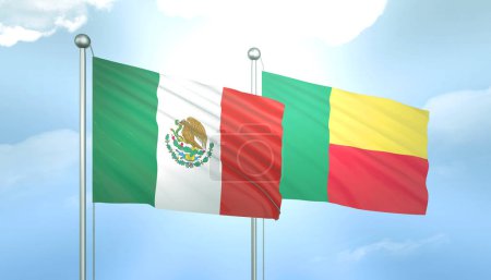 3D Flag of Mexico and Benin on Blue Sky with Sun Shine