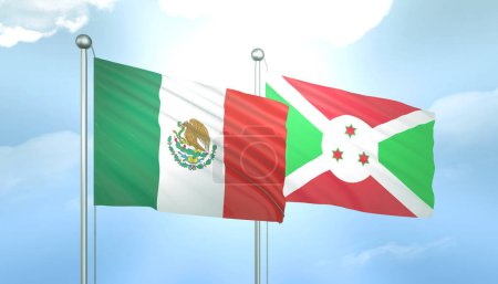 3D Flag of Mexico and Burundi on Blue Sky with Sun Shine