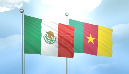 3D Flag of Mexico and Cameroon on Blue Sky with Sun Shine