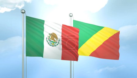3D Flag of Mexico and Congo republic on Blue Sky with Sun Shine