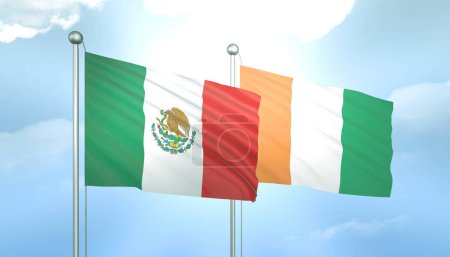 3D Flag of Mexico and Cote Divoire on Blue Sky with Sun Shine