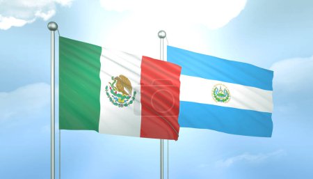 3D Flag of Mexico and El Salvador on Blue Sky with Sun Shine