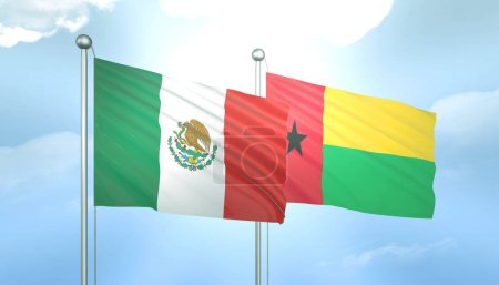 3D Flag of Mexico and Guinea Bissau on Blue Sky with Sun Shine